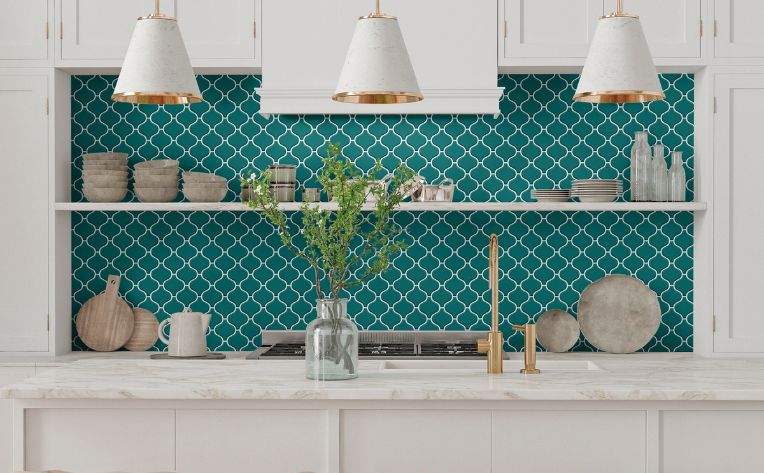 teal mosaic tile backsplash in white kitchen